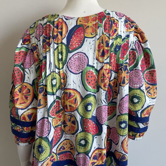 Briton Court Puff Sleeves Tiered Cotton Poplin Dress Fruits Print Sz Large NWT - Picture 10 of 16